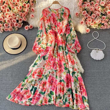 Znbbw Runway Spring Summer Vacation Dress Women Elegant Bat Sleeve Rose Print Bohemian Lady Chiffon Long Maxi Dress N76637